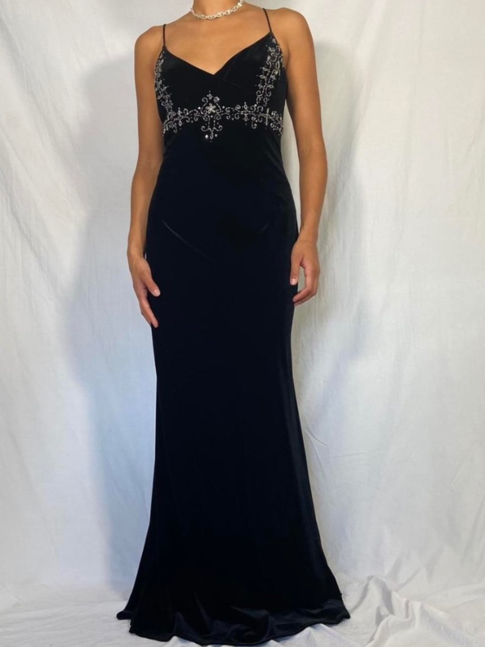 90s Vintage Black Velvet Beaded Gown